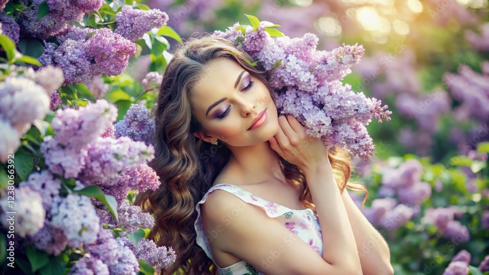 Obraz premium Woman in Summer Dress Surrounded by Blooming Lilacs