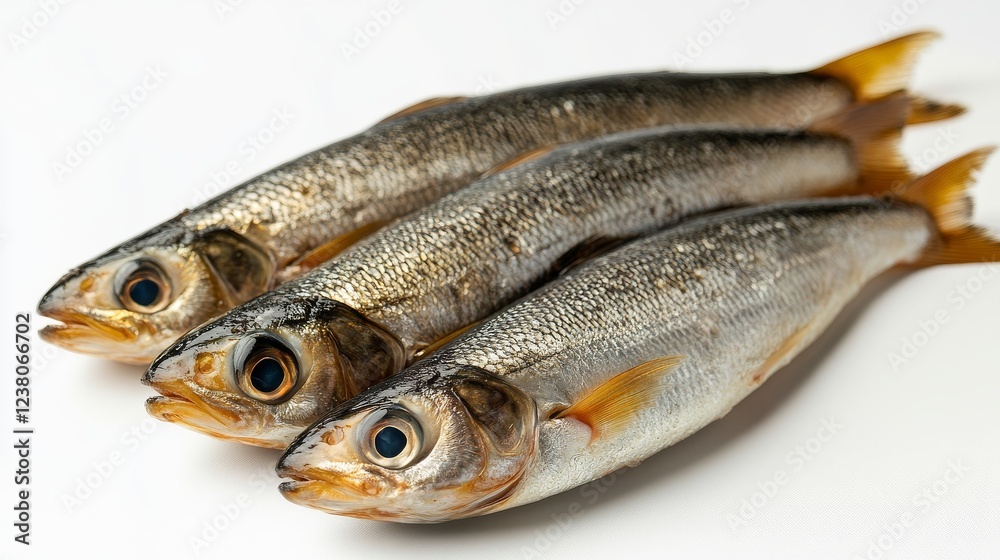 Three fresh sprats lying side by side with small gaps in between on a clean white background, highlighting their silver bodies and delicate texture, ideal for culinary use and seafood dishes. Three fresh sprats lying side by side with small gaps in between on a clean white background, highlighting their silver bodies and delicate texture, ideal for culinary use and seafood dishes.
