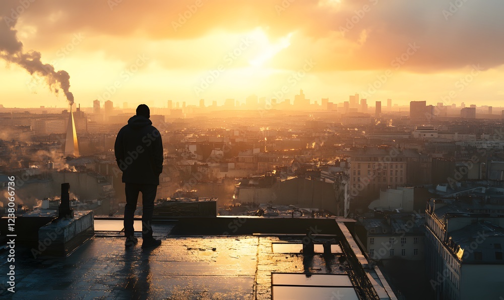 Fototapeta premium a man on a rooftop looking over the city, Generative AI