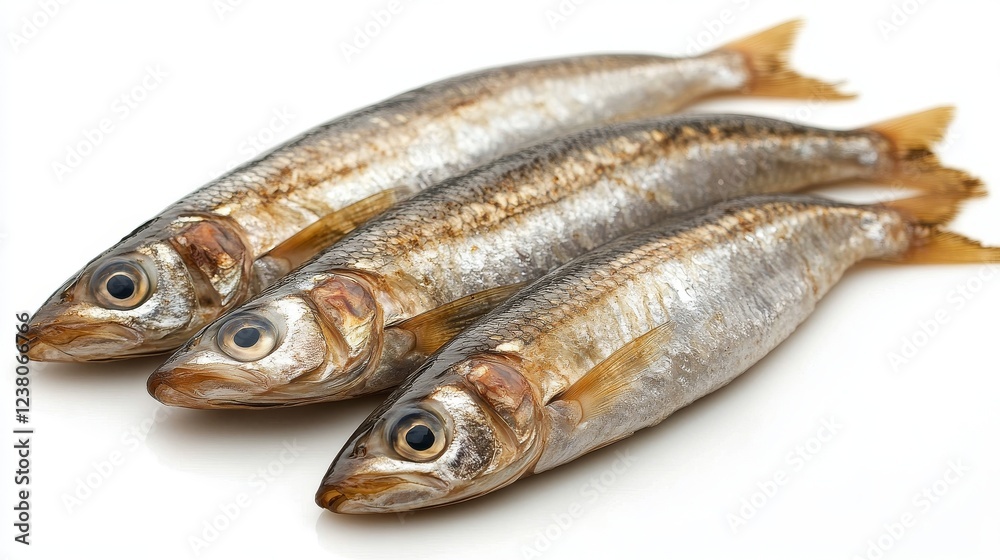 Three fresh sprats lying side by side with small gaps in between on a clean white background, highlighting their silver bodies and delicate texture, ideal for culinary use and seafood dishes. Three fresh sprats lying side by side with small gaps in between on a clean white background, highlighting their silver bodies and delicate texture, ideal for culinary use and seafood dishes.
