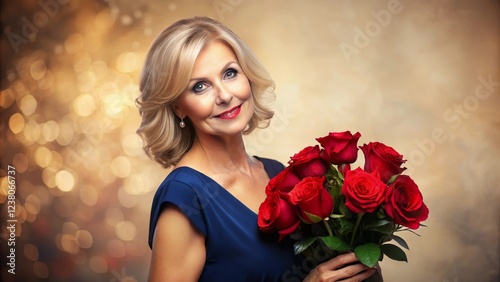 Elegant Woman in a Navy Dress Holding a Bouquet of Red Roses