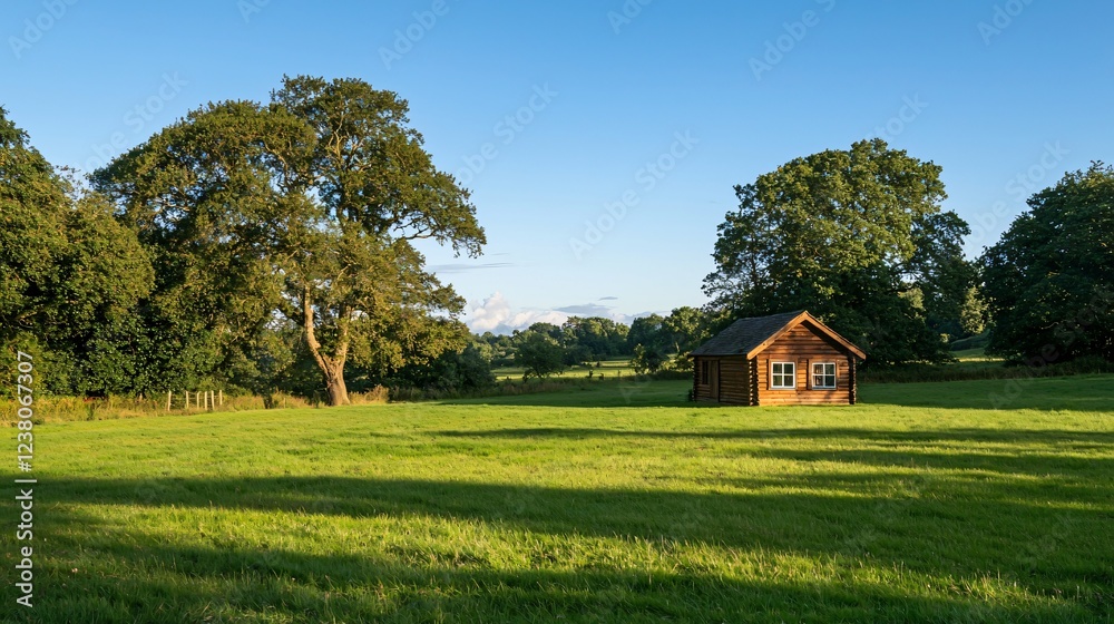 Obraz premium Serene Summer Landscape Wooden Cabin in Green Field Trees Sunny Day