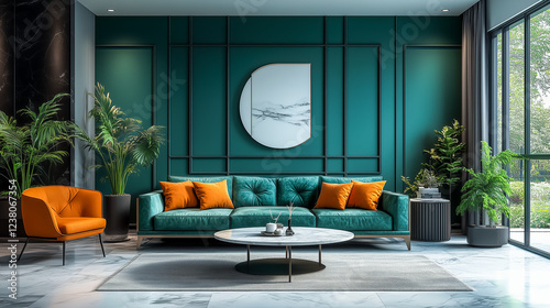 Art deco home interior design of modern living room with green sofa, marble coffee table, a pillows, frame, plants and vase