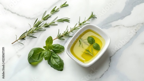 Fresh herb infused olive oil dish kitchen countertop culinary art natural light gourmet cooking photo