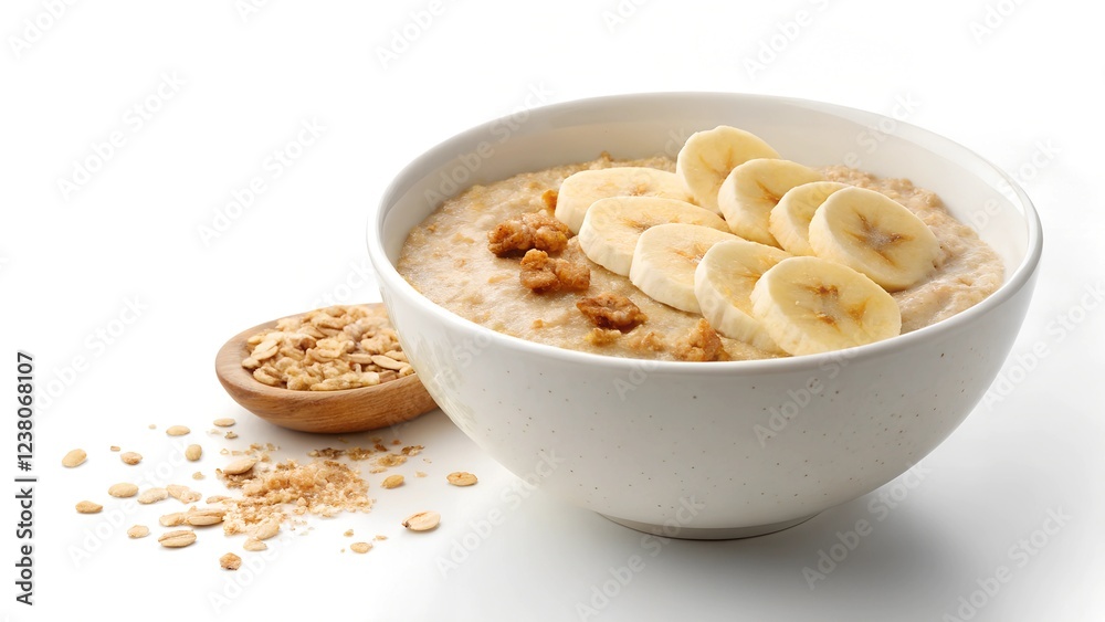 Minimalist bowl of oatmeal with banana slices bright kitchen food photography minimalist style Minimalist bowl of oatmeal with banana slices bright kitchen food photography minimalist style