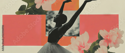 Minimalist collage blending geometric shapes and dancer in graceful arabesque pose with flowers