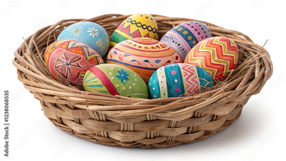 Colorful hand painted easter eggs arranged in a woven basket ready for a festive celebration during springtime Colorful hand painted easter eggs arranged in a woven basket ready for a festive celebration during springtime