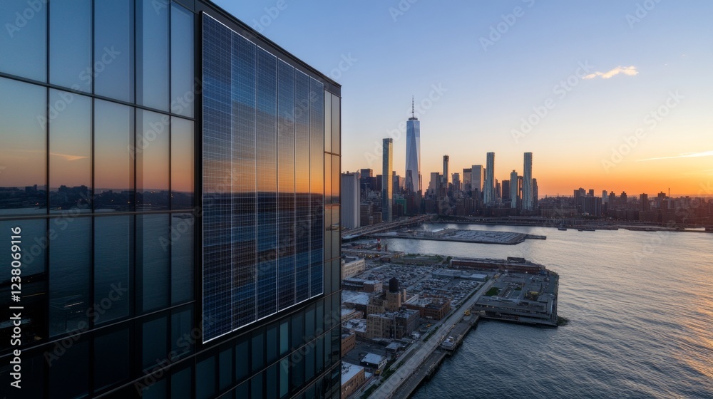 Naklejka premium Aerial Urban Solar Integration Modern Glass Facade with Industrial Photovoltaic Panels - Commercial Energy Solution and Urban Infrastructure Efficiency in Business Sustainability