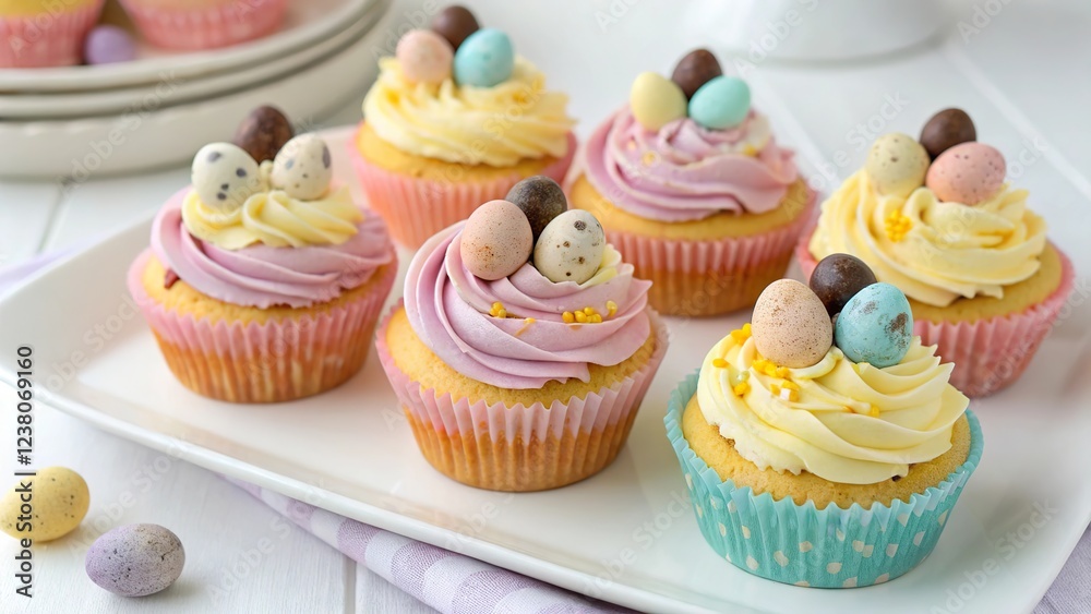 Homemade Easter cupcakes decorated with fluffy frosting and pastel candy eggs in a festive display Homemade Easter cupcakes decorated with fluffy frosting and pastel candy eggs in a festive display