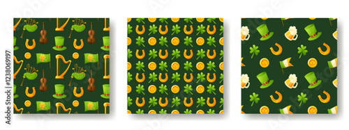 Set of seamless patterns for St. Patrick's Day on a green background. Pattern with the image of coins, shamrock, clover and leprechaun hat. Festive texture, background