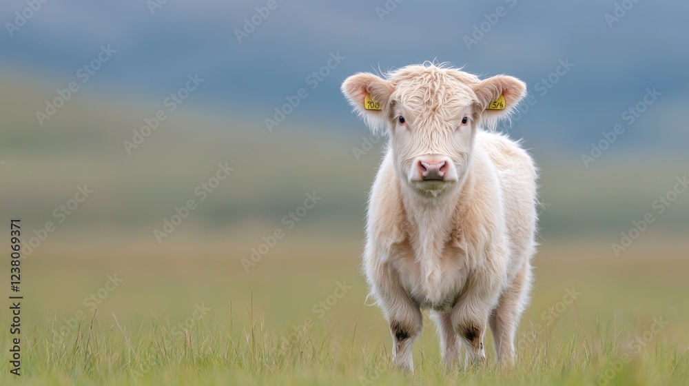 Obraz premium White calf stares, grassy field, hills background, farm animal image