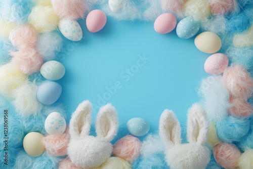 Fluffy bunny ears and pastel Easter eggs on a soft blue background, creating a whimsical and festive holiday setting.