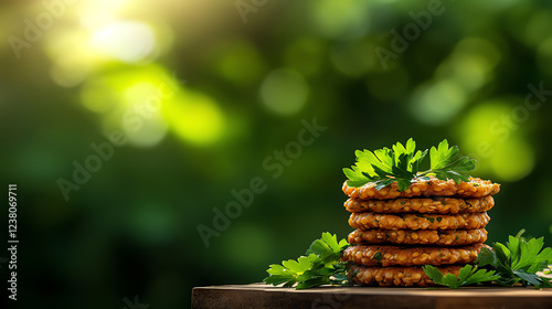 Turkish Mercimek Koftesi lentil patties, garnished with parsley and lemon, served in a rustic outdoor Anatolian setting, Middle Eastern vegetarian snacks, refreshing simplicity photo