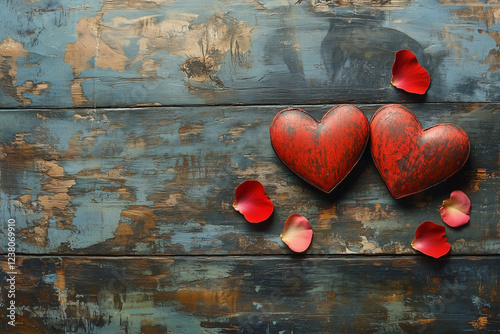 Two distressed red hearts with scattered rose petals rest on a rustic blue wooden background, evoking timeless romance.