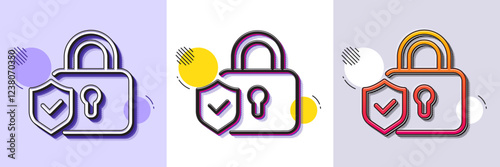 Security lock line icon. Halftone dotted pattern. Gradient icon with grain shadow. Cyber defence shield sign. Private protection symbol. Line security lock icon. Various designs. Vector