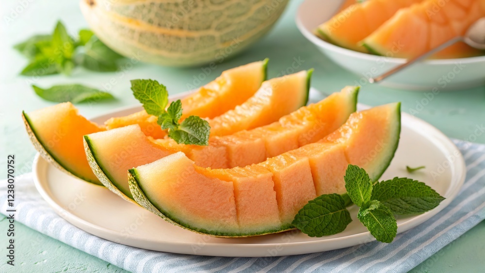 Close-up view of meticulously sliced melon served alongside fresh mint leaves on a light-colored plate in a bright kitchen setting Close-up view of meticulously sliced melon served alongside fresh mint leaves on a light-colored plate in a bright kitchen setting