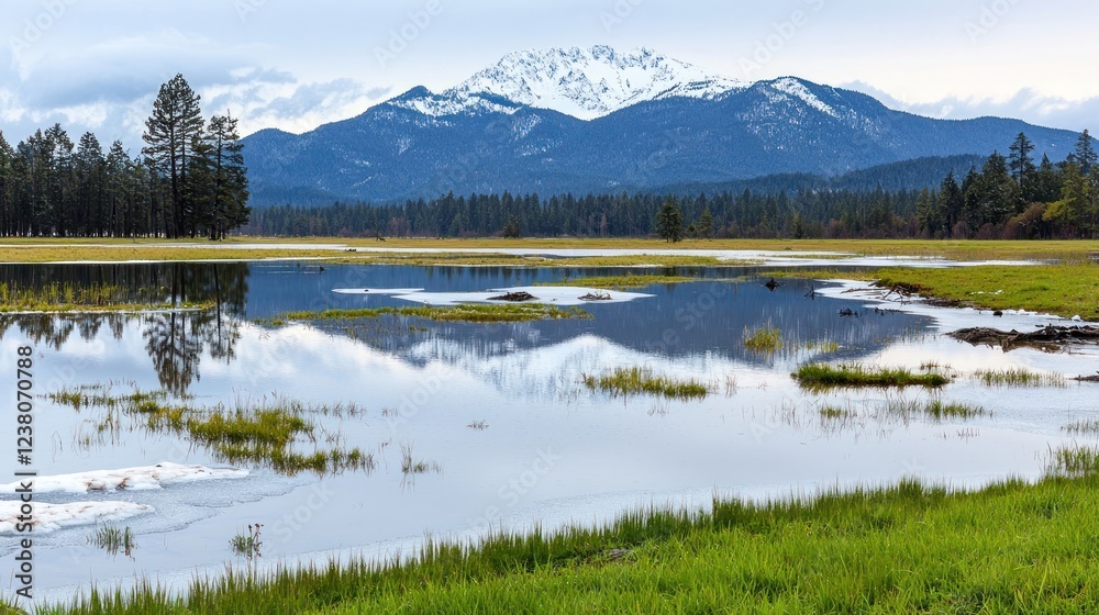 Fototapeta premium Snowcapped Mountain Reflected in a Calm Lake