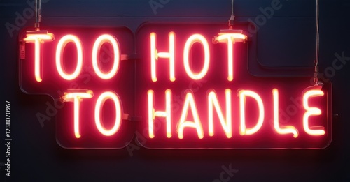 Neon light sign displaying Too Hot To Handle in spicy red glowing vibrantly against dark background with sleek curves and bright contrast creating a bold energetic vibe