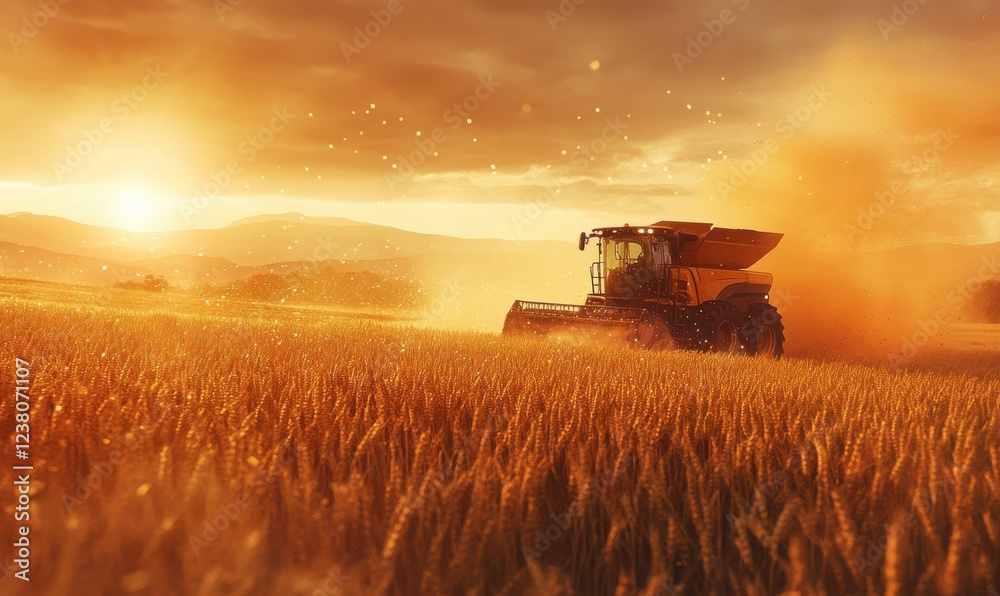 Fototapeta premium Combine harvester working in a golden wheat field at sunset, with dust particles glowing in the evening light.