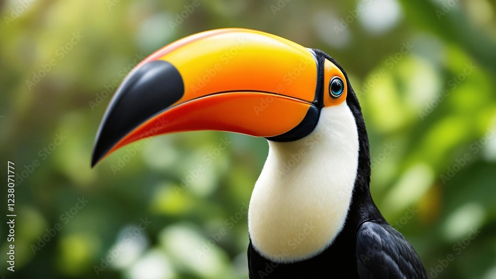 A colorful toucan bird with a large beak perches on a branch in its natural jungle habitat A colorful toucan bird with a large beak perches on a branch in its natural jungle habitat