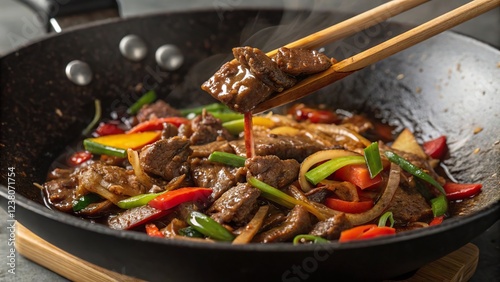 Stir frying marinated beef bulgogi with fresh vegetables in a skillet at home kitchen