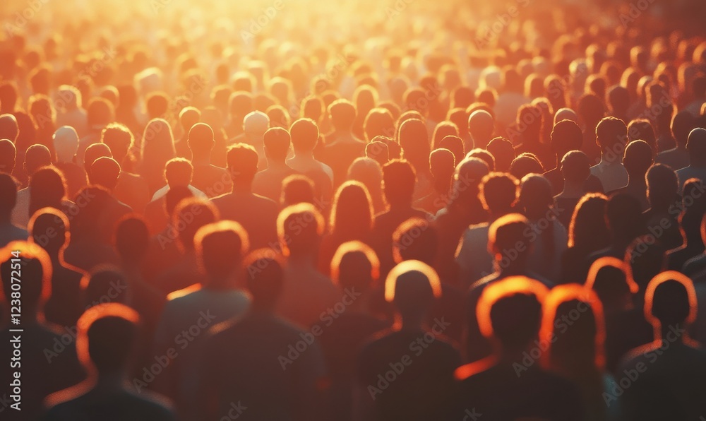 Obraz premium Crowd of diverse individuals glowing under warm sunlight, symbolizing unity and collective empowerment.