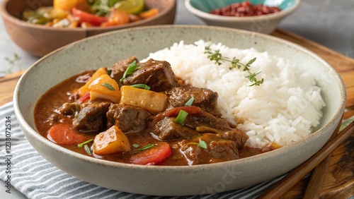Overhead view of beef caldereta served with steamed rice and fresh vegetables