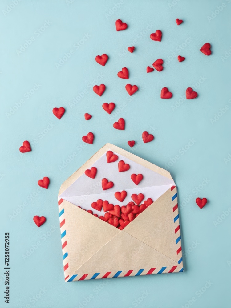 Happy Valentine's Day: Airmail Envelope with Red Hearts on Pastel Blue Background