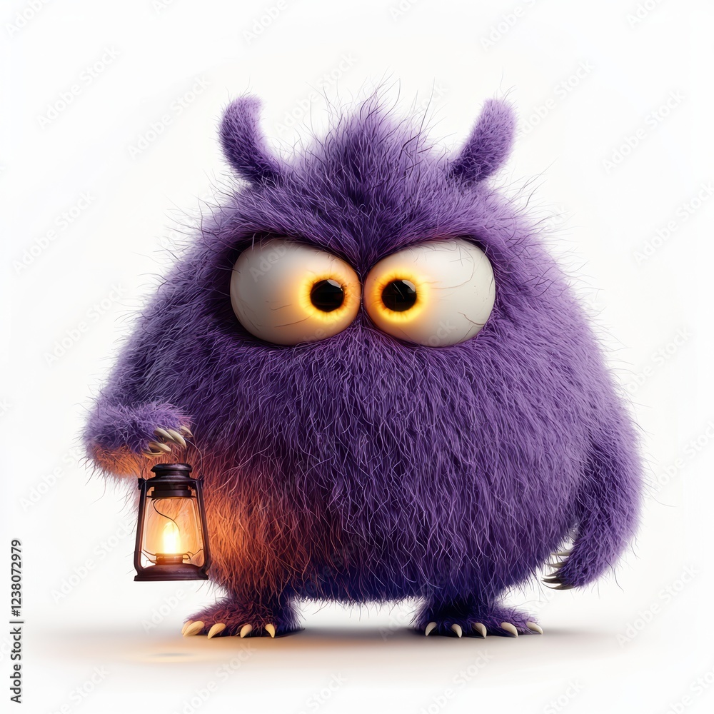 Fototapeta premium purple fluffy monster with glowing eyes, holding a tiny lantern, standing on a white background with soft shadows