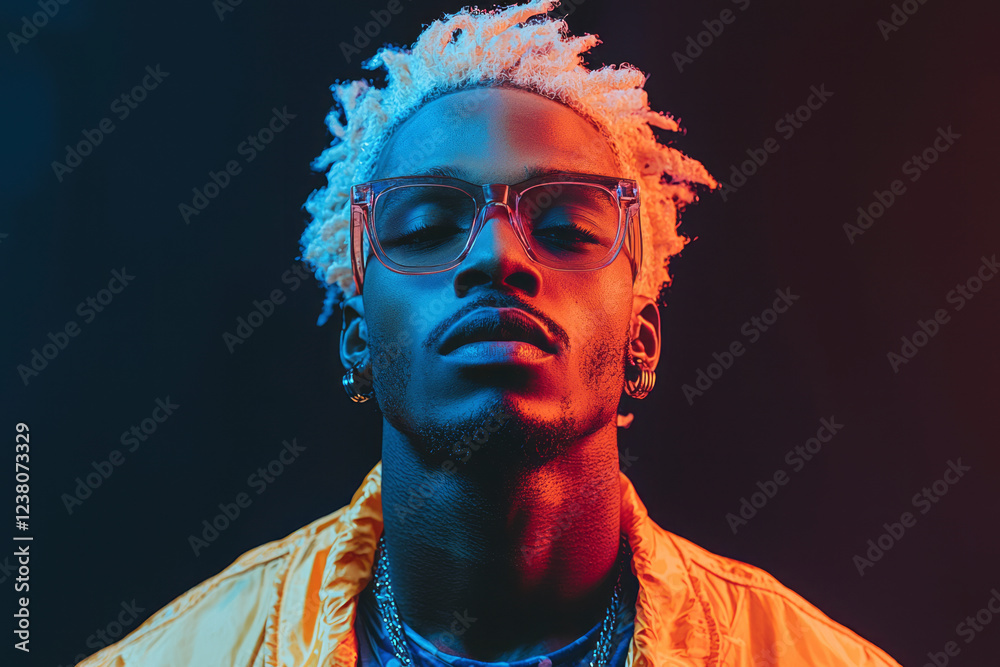 Striking Horizontal Medium Close-Up of African American Model with Blonde Hair in Jacket and Clear Glasses Captured in Neon Glow Against a Dark Studio Backdrop