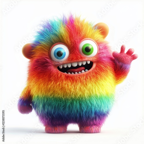 Rainbow-striped monster with soft fluffy fur and a friendly wave, placed on a bright white background
