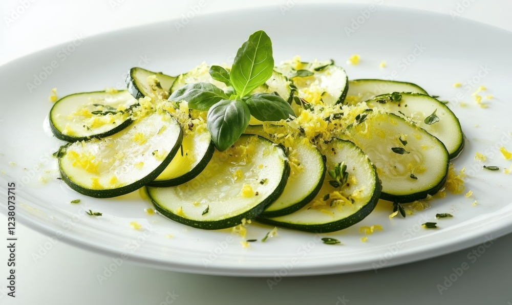 Delicate zucchini carpaccio arranged with lemon zest and herbs on a white ceramic plate. Delicate zucchini carpaccio arranged with lemon zest and herbs on a white ceramic plate.