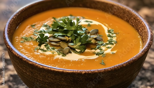 Delicious Creamy Pumpkin Soup with Seeds and Parsley