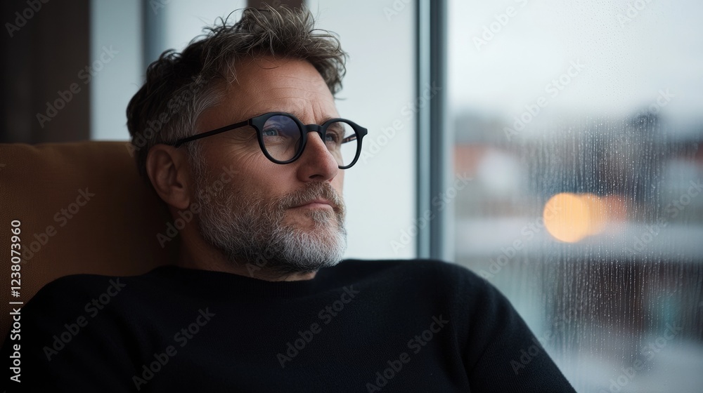 Warm Ambient Reading Space Middle-Aged Man with Glasses, Cozy Interior, Rainy Window View - Modern Lifestyle Content for Book Lovers and Interior Design Inspiration Warm Ambient Reading Space Middle-Aged Man with Glasses, Cozy Interior, Rainy Window View - Modern Lifestyle Content for Book Lovers and Interior Design Inspiration