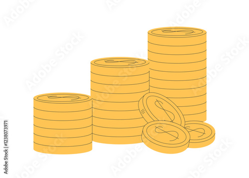 Gold coins stacks. Bonus, wealth, profit, financial growth concept. Money savings, investment, economic value. Golden cents, change, cash. Flat vector illustration isolated on white background