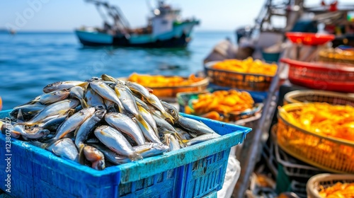 Freshly caught fish displayed in vibrant baskets at a bustling waterfront market, with fishing boats in the background under a clear blue sky.