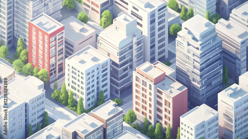 Modern business centers, isolated fashionable buildings with shadow. Vector real estate houses in 3D isometric design, multi-storey skyscrapers. City architecture, commercial towers with offices Modern business centers, isolated fashionable buildings with shadow. Vector real estate houses in 3D isometric design, multi-storey skyscrapers. City architecture, commercial towers with offices