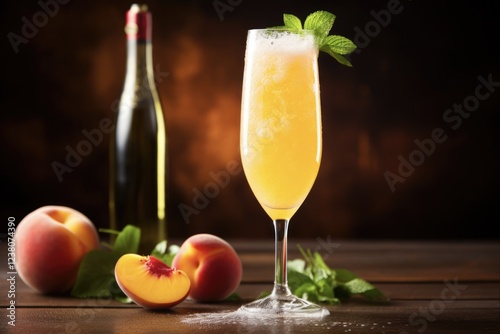 Sweet and Bubbly Peach Bellini Mimosa for Celebration - Classic Drink with Apricot and Champagne Bubbles on Bar Background