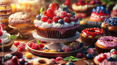 Chocolate and fruity desserts for pastry, bakery and sweet shop design with fresh and tasty cupcakes, cakes, donuts, pudding and sandwich biscuits with fruits, whipped cream, glaze and sprinkles photo