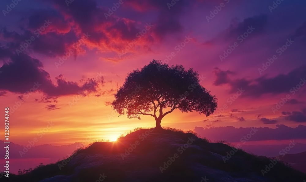 Fototapeta premium Dramatic silhouette of a tree on a hilltop, framed by the colors of a vibrant sunset sky.