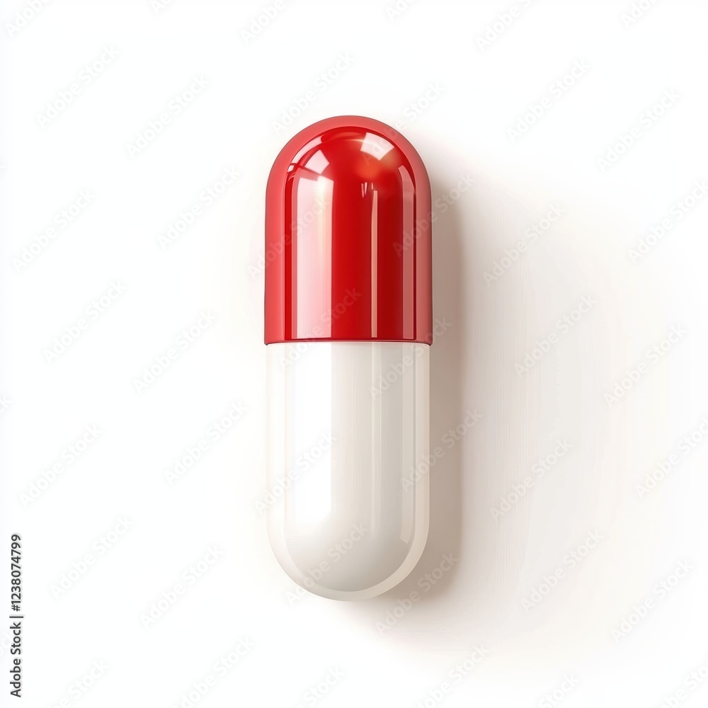 red and white capsule pill with a shiny finish, placed on a clean white background red and white capsule pill with a shiny finish, placed on a clean white background