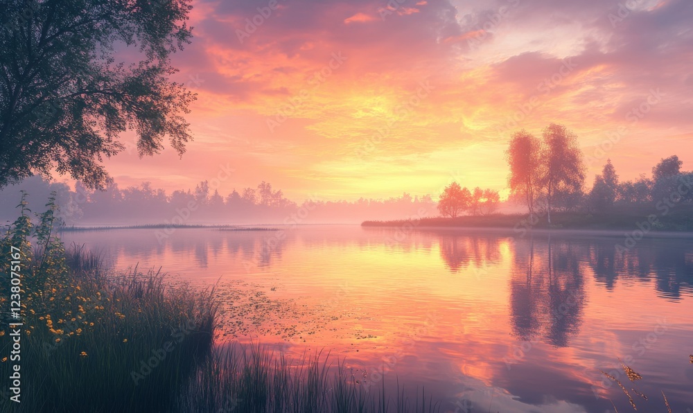 Fototapeta premium Dreamy twilight landscape with glowing orange and pink skies reflecting over calm lake waters.