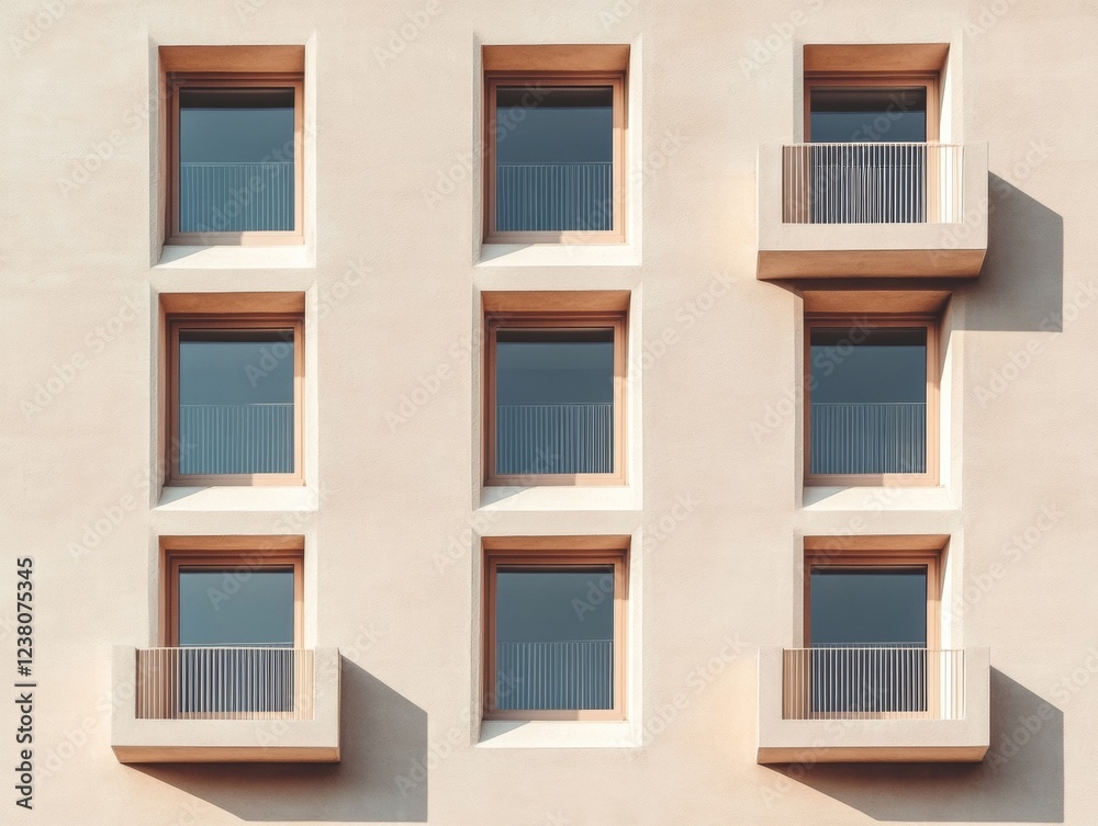 Fototapeta premium Modern Minimalist Urban Facade Geometric Residential Design with Textured Concrete - Architectural Visualization for Urban Development and Real Estate Marketing