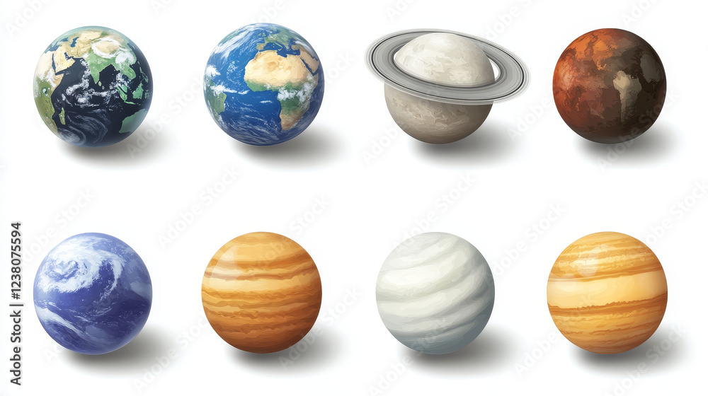 Planets of Solar System realistic set of vector space, astronomy design. Universe galaxy planets and stars, Earth, Sun, Mercury and Jupiter,Saturn and Uranus with rings, Pluto, Moon, Venus and Neptune Planets of Solar System realistic set of vector space, astronomy design. Universe galaxy planets and stars, Earth, Sun, Mercury and Jupiter,Saturn and Uranus with rings, Pluto, Moon, Venus and Neptune