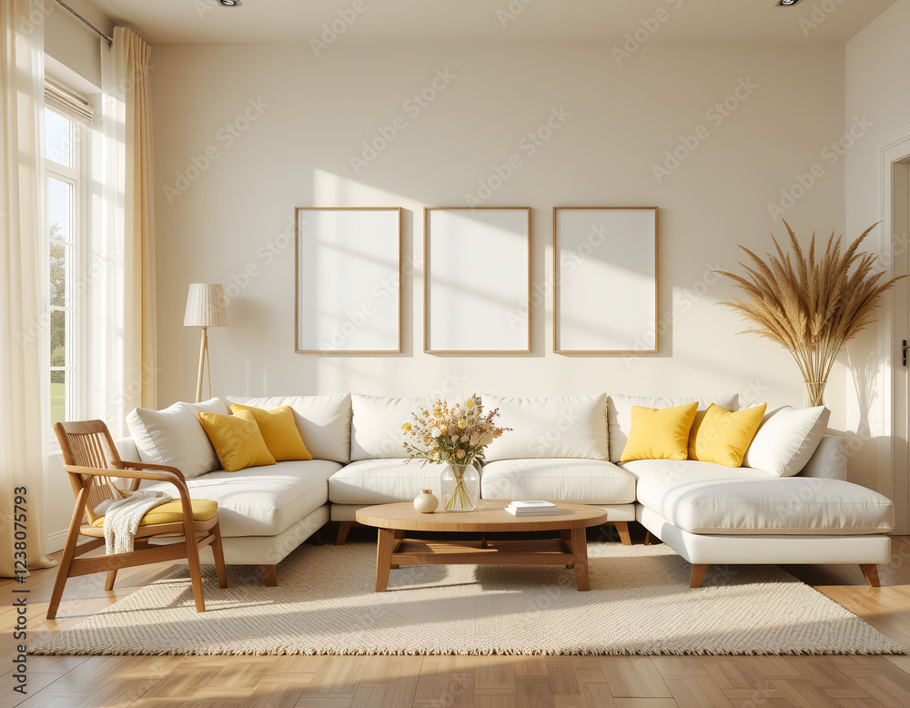 Fototapeta premium frame mockup, living room wall poster mockup, interior mockup with house background, interior design, 3D render