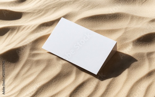 A blank business card mockup placed on soft golden sand, with delicate ripples formed by the wind. Sunlight casts long, dramatic shadows, creating an elegant abstract background. 