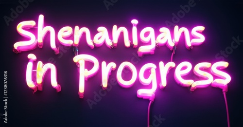 Glowing neon letters forming shenanigans in progress pulsing mischievously in bright pink against dark background creating bold contrast playful typography modern illuminated style photo