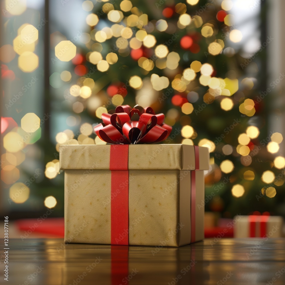 gift box on blurred christmas tree background. gift box on blurred christmas tree background.