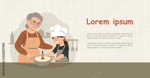 Grandmother teaches granddaughter to cook. Cooking with kids. Vector illustration. Horizontal banner with space for text