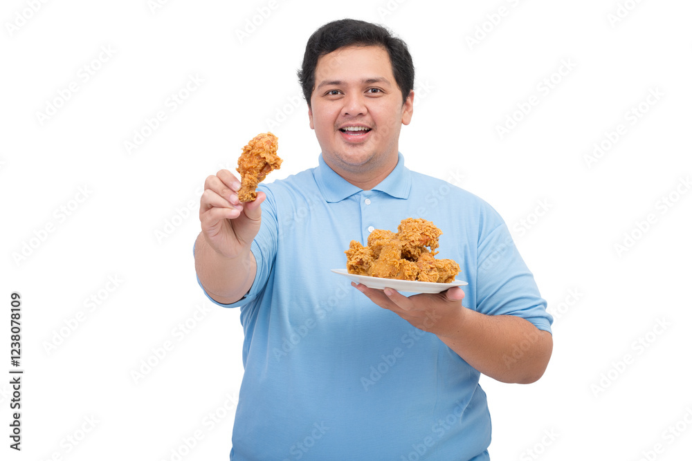 Portrait of a Fat asian man smiling holding a plate of fried chicken Portrait of a Fat asian man smiling holding a plate of fried chicken